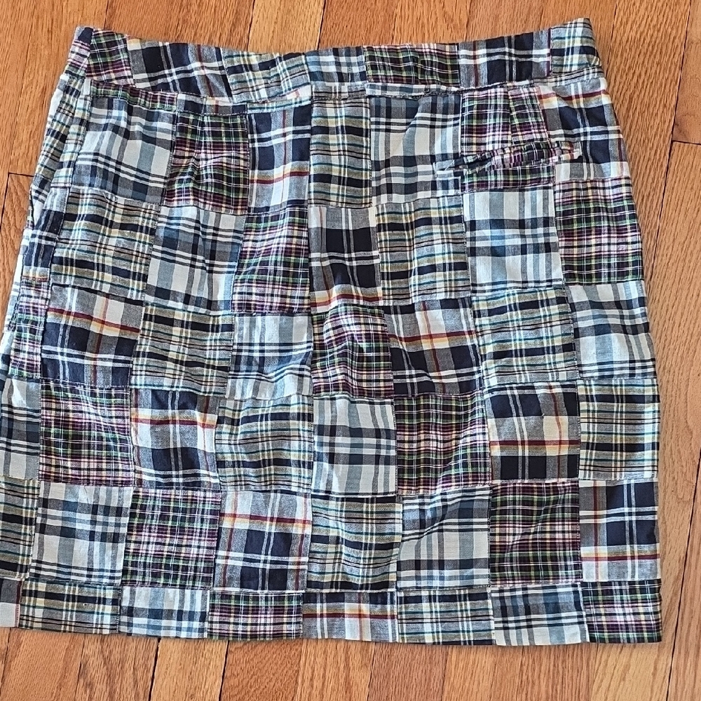 Cambridge Dry Goods Patchwork Plaid Mini Skirt in Navy, White and Red